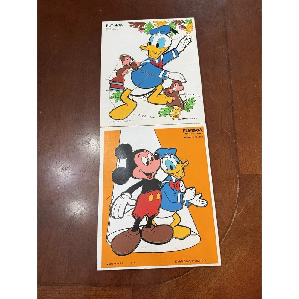 VTG Playskool Disney Wooden Puzzles 70s Made in USA Donald Duck Mickey Mouse
